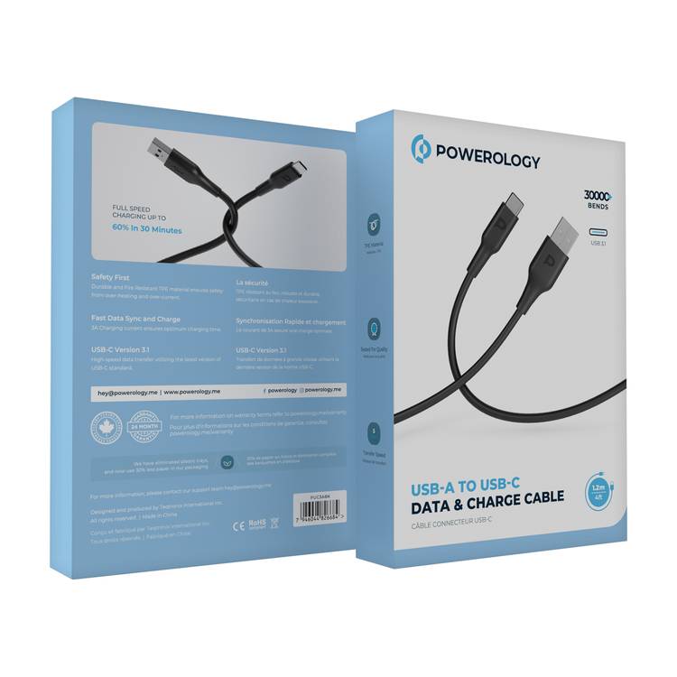 Powerology TPE USB-A to Type-C Charging Cable with Fast Charging & Data Transfer, Universal Compatibility, 3A Charging Current, TPE Material, More than 30000 Bends - Black