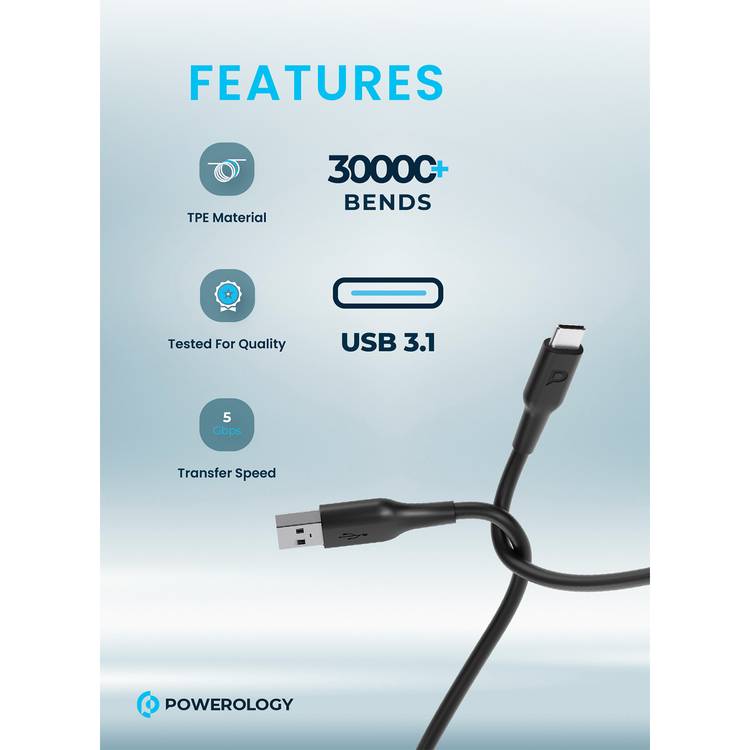 Powerology TPE USB-A to Type-C Charging Cable with Fast Charging & Data Transfer, Universal Compatibility, 3A Charging Current, TPE Material, More than 30000 Bends - Black