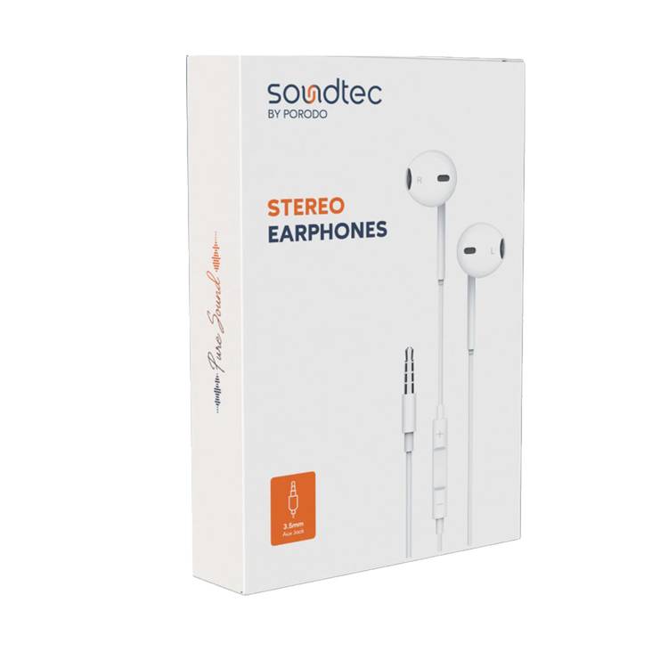 Porodo Soundtec Stereo Earphones with a 3.5mm AUX Connection, High-Clarity Microphone, 3-Button Controls, Answer & End Call - White