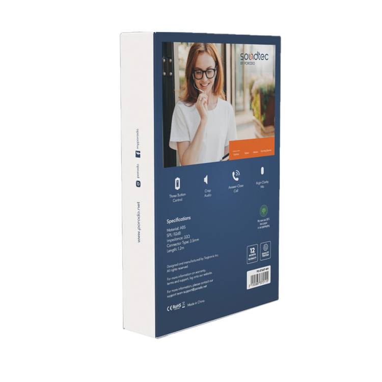 Porodo Soundtec Stereo Earphones with a 3.5mm AUX Connection, High-Clarity Microphone, 3-Button Controls, Answer & End Call - White
