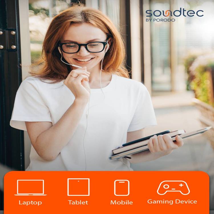 Porodo Soundtec Stereo Earphones with a 3.5mm AUX Connection, High-Clarity Microphone, 3-Button Controls, Answer & End Call - White