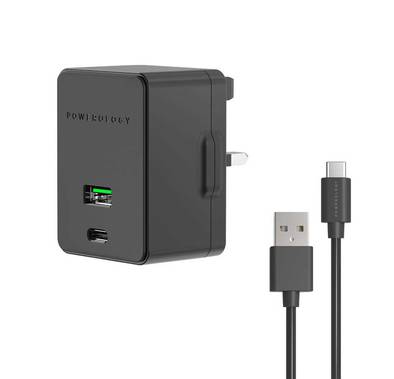 Powerology Dual Port Ultra-Quick PD Charger 36W with Type-C Cable 1.2m - Black	