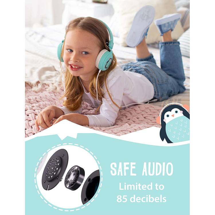 Planet Buddies Kids Wired Headphones, 85dB Volume Limited, Over Ear Foldable Headphones for Travel, School, Adjustable Headband Suitable for Children (Penguin) - Light Blue