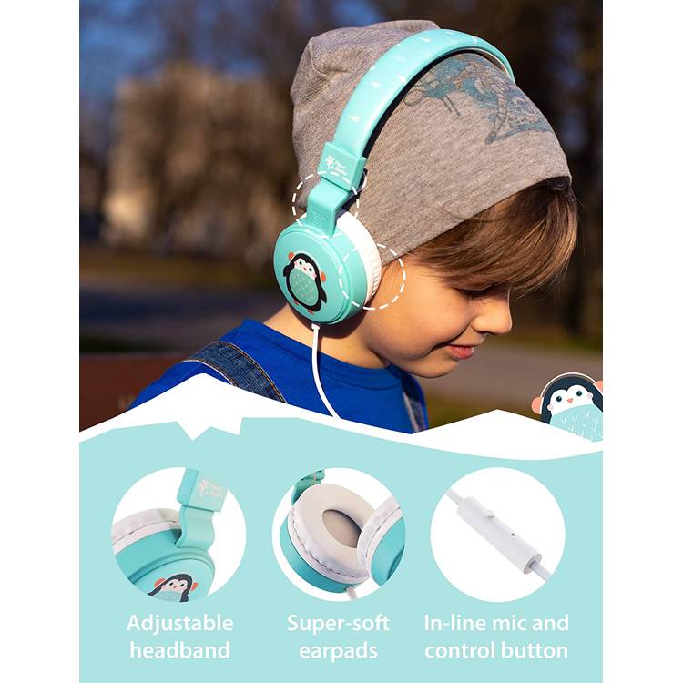 Planet Buddies Kids Wired Headphones, 85dB Volume Limited, Over Ear Foldable Headphones for Travel, School, Adjustable Headband Suitable for Children (Penguin) - Light Blue