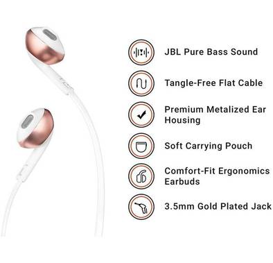 JBL T205 In Ear Wired Headphones Pure Bass Sound Tangle free
