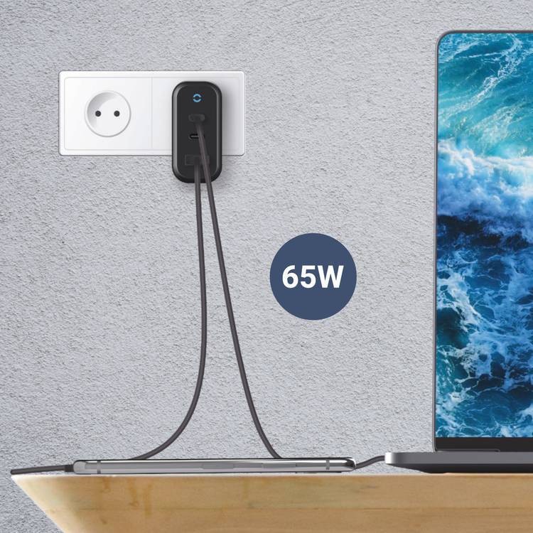 Powerology Wall Charger EU, 65W 3-Output with PD EU GaN Wall Charger