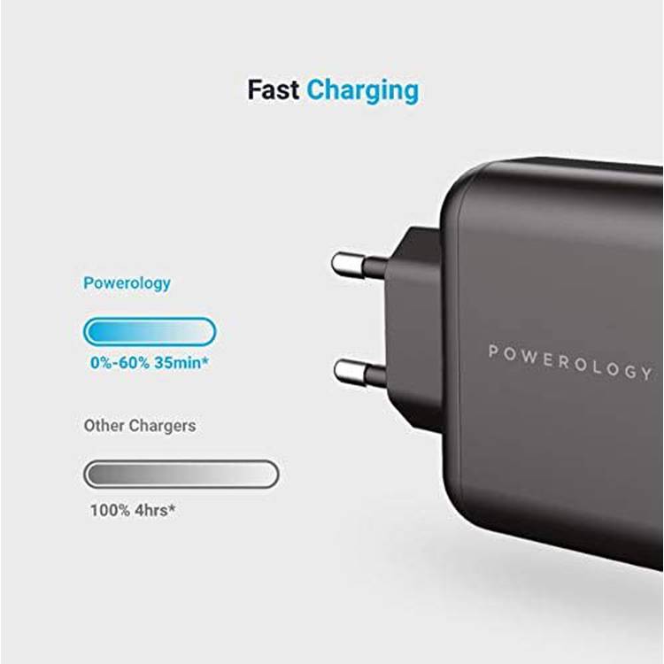 Powerology Wall Charger EU, 65W 3-Output with PD EU GaN Wall Charger