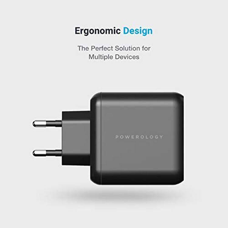 Powerology Wall Charger EU, 65W 3-Output with PD EU GaN Wall Charger