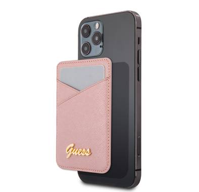 CG MOBILE Guess Saffiano Script Wallet Cardslot with Magsafe for iPhone 12 Pro Max, 12/12 Pro, 12 Mini, Magnetic Wallet Card Holder, Phone Back Slot Wallet Card Case Officially Licensed Pink