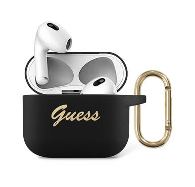 CG MOBILE Guess Silicone Printed Script Case with Anti-Lost Ring Compatible for AirPods 3, Scratch & Drop Resistant, Shock Absorption & Dustproof Protection - Black