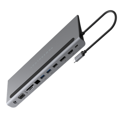 Powerology USB-C Hub 11 in 1 Multi-Port Adapter with Laptop Stand 100W PD Fast Charge, Aluminum Body with HDMI 4K Ultra HD, 3.5mm Aux Port Compatible for MacBook Pro/Air - Grey