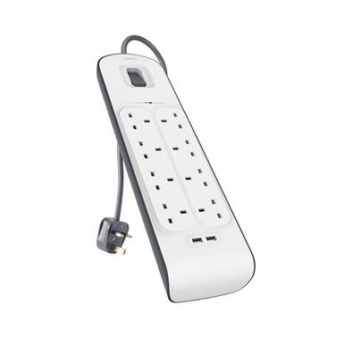 Belkin Surge Protector, 2× USB-C Ports, 2m Cable Length, ‎Plastic & Metal Material, 8 Outlets Power, Type-G Power Plug - White