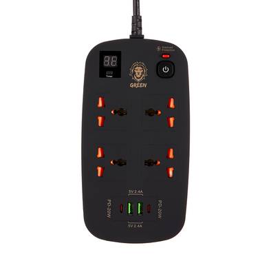 Green Lion Multiport Smart Power Socket, 4 AC Sockets, 2 USB-A & 2 USB-C Ports, 1-24 Hours Timer Function, Over Voltage, Over Current & Over Heat Protection, Power Surge Protection - Black