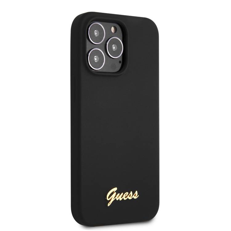 Official Black Guess iPhone 13 Pro Silicone Case with Gold Logo Script