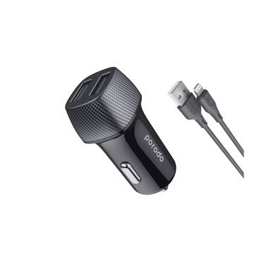 Porodo Dual Port Car Charger with 90cm Lightning Cable, Prevent Overheating, Overcharging, and Short-Circuit, Carbon Fiber Print, Universal Compatibility, Compact & Lightweight - Black