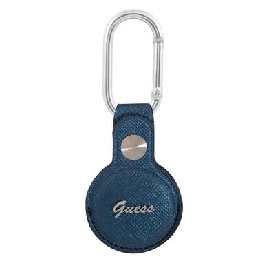 CG MOBILE Guess Saffiano PU Script Logo Case with Dog Clip for Airtag, Portable Protective Skin Cover, Anti-Lost Holder with Keychain Officially Licensed - Blue