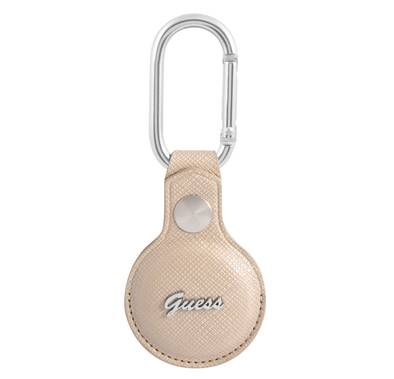 CG MOBILE Guess Saffiano PU Script Logo Case with Dog Clip for Airtag, Portable Protective Skin Cover, Anti-Lost Holder with Keychain Officially Licensed - Beige