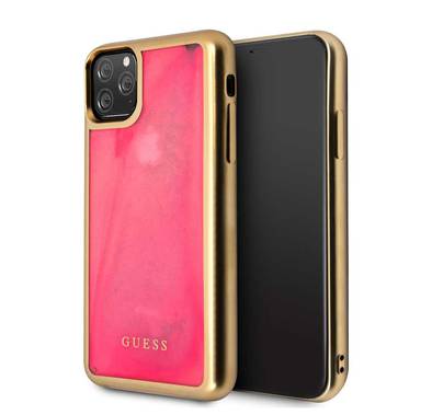 CG MOBILE Guess Glow Dark TPU Case Compatible with iPhone 11 Pro, Fit & Lightweight, Supports Wireless Charger, Easy Access to All Ports, Officially Licensed - Matte Gold/Pink