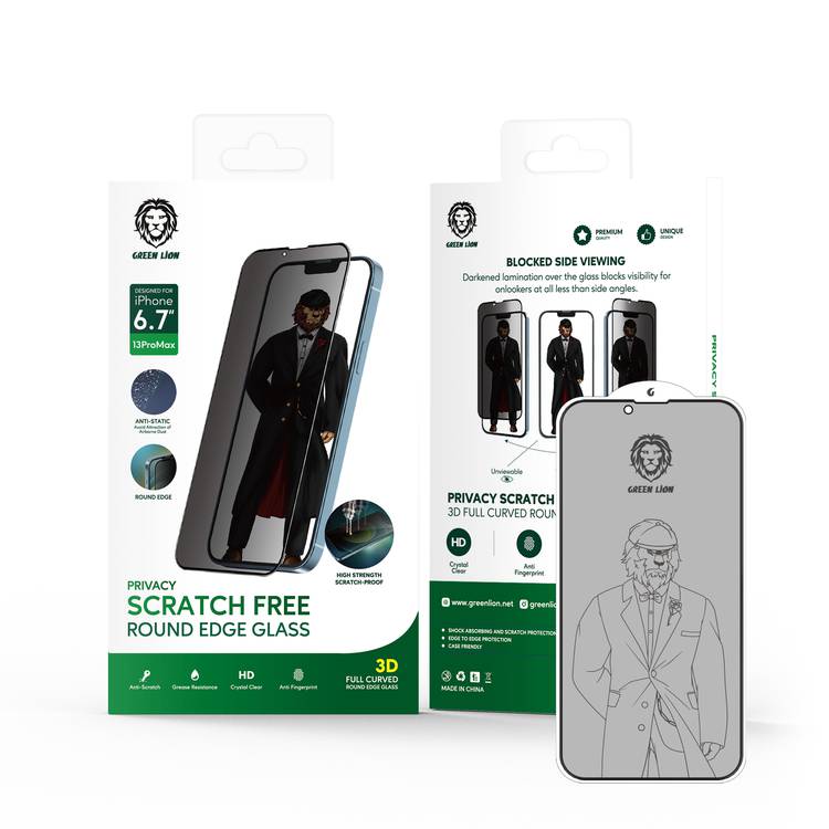 Green Lion 3D Privacy Scratch Free Round Edge Glass Screen Protector for iPhone 13 Pro Max ( 6.7" ),  Anti-Scratch - Non-Breakable Edges - Anti-Peeping Screen Guard Protector  - Black