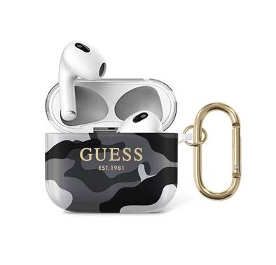Guess Camouflage Case for Airpods 3 with Drop Protection, Scratch-resistant, Exact Cutouts, Stylish Shiny Camouflage Pattern, High-quality TPU, Easy Installation, Lightweight - Black