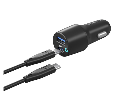 Powerology 53W Ultra-Quick Car Charger Dual Output with USB-C to USB-C Cable - Black