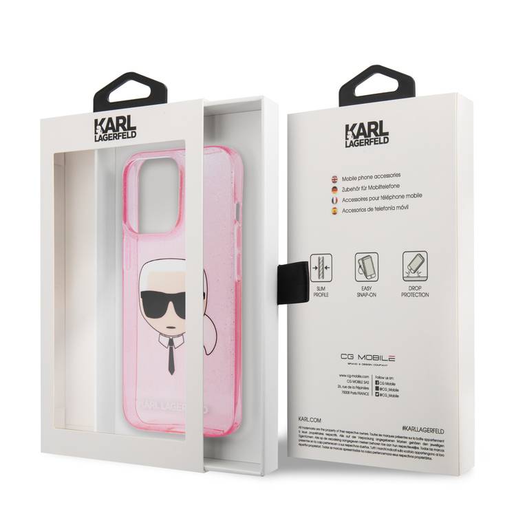Karl Lagerfeld TPU Full Glitter Karl Head Case For iPhone 13 Pro (6.1 ), Durable, Shockproof, Bumper Protection, Anti-Scratch - Pink