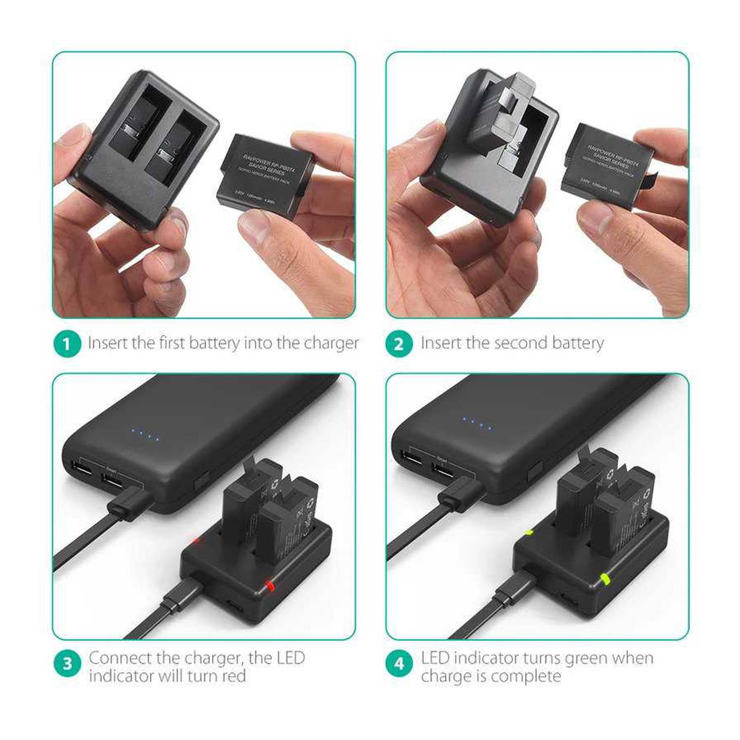 RAVPower Charger Set for GoPro HERO5 6 7 Black Double Endurance