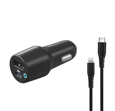 Powerology Dual Port Car Charger with PD 20W, USB-A & USB-C Ports, USB-C to Lightning Cable, 90cm Cable Length, Power Dash 3.0, Fast Charging - Black