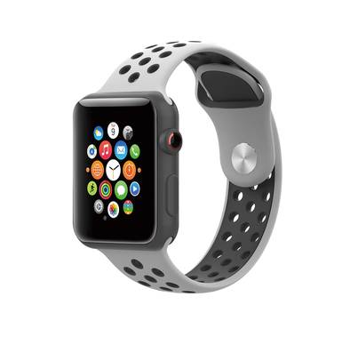 Porodo iGuard Sport Silicone Watch Strap for Apple Watch 45/44mm, Dual Color Design, Compatible with SE, Series 7, 6, 5 & 4, Breathable & Comfortable, Adjustable Strap - Pure Platinum / Black