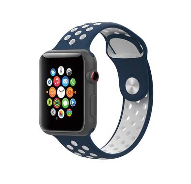 Porodo iGuard Sport Silicone Watch Strap for Apple Watch 45/44mm, Dual Color Design, Compatible with SE, Series 7, 6, 5 & 4, Breathable & Comfortable, Adjustable Strap - Blue / White