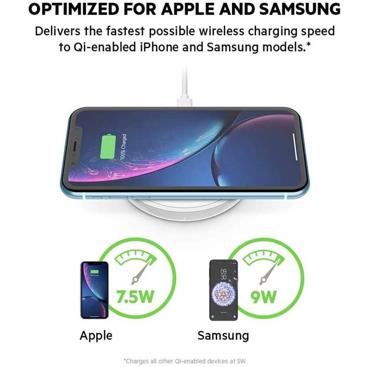 Belkin F7U082myWHT BoostCharge Wireless Charging Pad 10W (Qi-Certified Fast Wireless Charger for iPhone, Samsung, Google, more)Including 3 pin Power Supply Plug - White