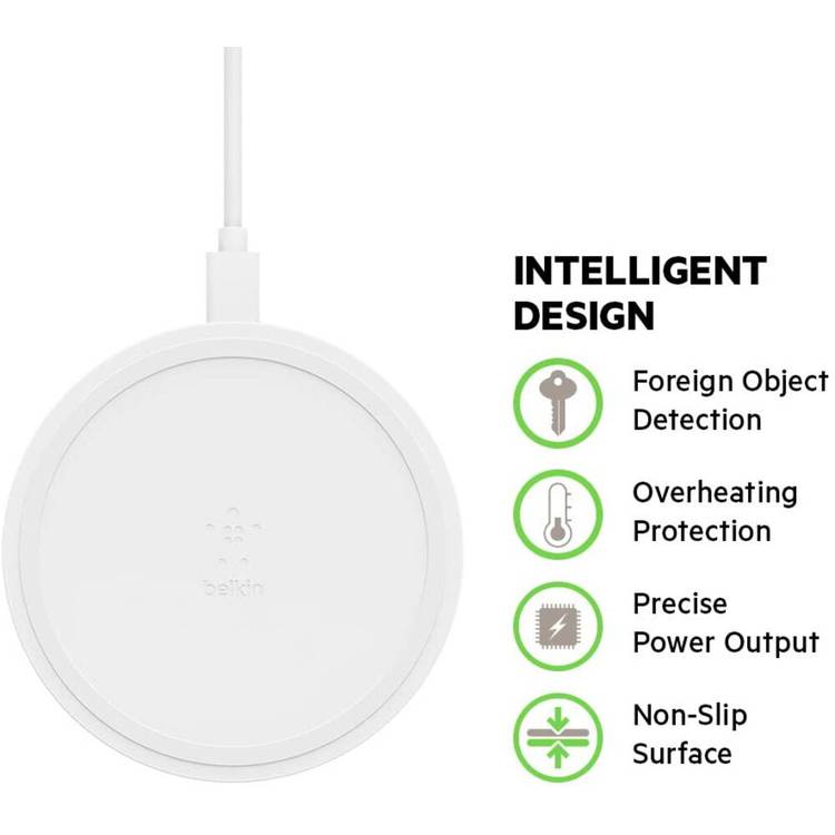 Belkin F7U082myWHT BoostCharge Wireless Charging Pad 10W (Qi-Certified Fast Wireless Charger for iPhone, Samsung, Google, more)Including 3 pin Power Supply Plug - White