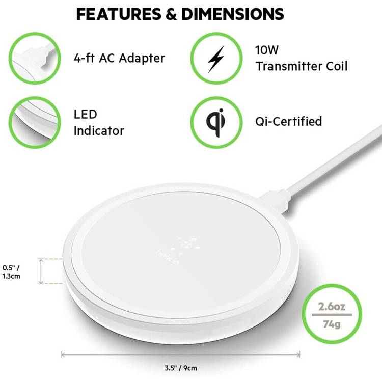 Belkin F7U082myWHT BoostCharge Wireless Charging Pad 10W (Qi-Certified Fast Wireless Charger for iPhone, Samsung, Google, more)Including 3 pin Power Supply Plug - White