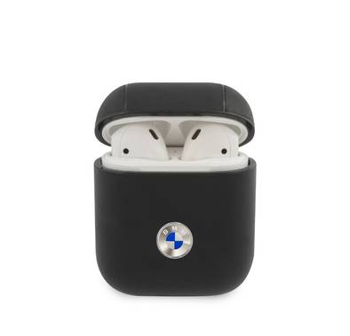 CG Mobile BMW Signature Collection PC Genuine Leather Case with Metal Logo Silver, High-Quality, for Airpods 1/2, officially licensed - Black