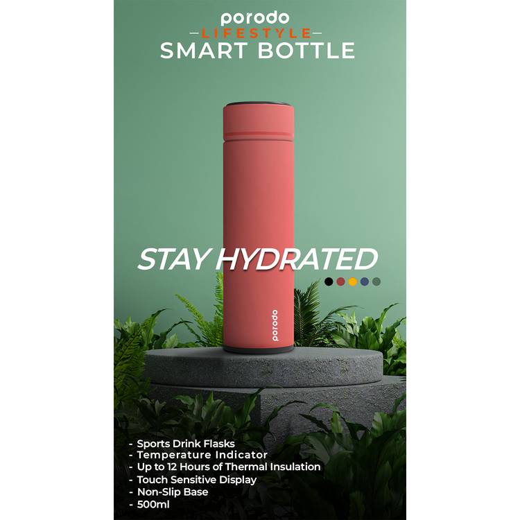 Porodo Smart Water Bottle with Temperature Indicator, 500ml Capacity, Temperature Sensor, LED Touch Sensitive Display - Red