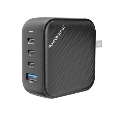 Powerology 100W Triple PD GaN Charger with EU & UK Plug, 3 USB-C Ports & USB-A Port, Built-in Safeguard, Multi Device Charging, Fast Charge, Laptop Charger - Black