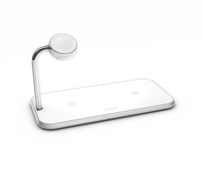 ZENS ZE-DC05W Aluminum Wireless Charging Pad and Watch Charger Station, Qi and MFi Certified, Supports Apple and Samsung Fast Charge, Adapter Included, 20W - White