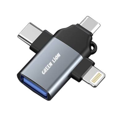 Green Lion 3-in-1 OTG Adapter with Lightning, Micro, Type-C & USB-A Connector Types, Wide Compatibility, Portable & Lightweight, Plug to Use, Fast Data Transmission - Gray