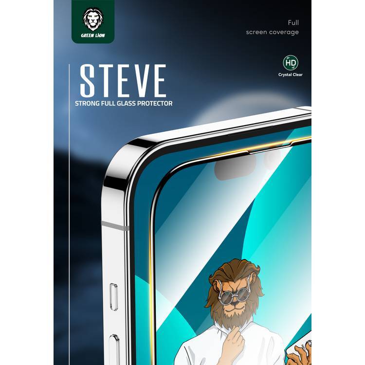 Green Lion 9H Steve Full Screen Protector for iPhone 14 Pro Max, HD Crystal Clear, Full-Screen Coverage, Grease Resistance, Anti-Fingerprint, Anti-Scratch - Clear