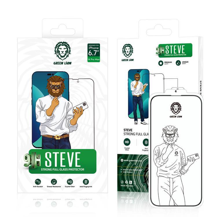 Green Lion 9H Steve Full Screen Protector for iPhone 14 Pro Max, HD Crystal Clear, Full-Screen Coverage, Grease Resistance, Anti-Fingerprint, Anti-Scratch - Clear