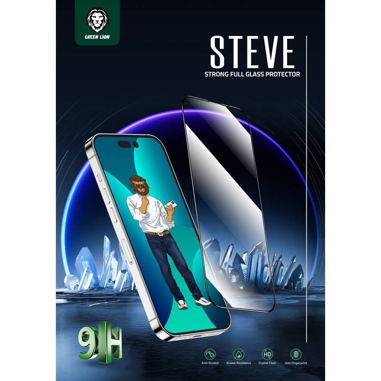 Green Lion 9H Steve Full Screen Protector for iPhone 14 Pro Max, HD Crystal Clear, Full-Screen Coverage, Grease Resistance, Anti-Fingerprint, Anti-Scratch - Clear