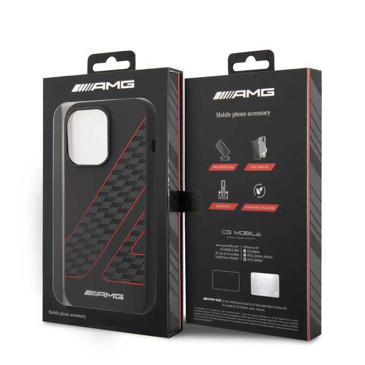 Amg Liquid Silicone Case Checkered Flag Pattern - iPhone 14 Pro - Black / Red 