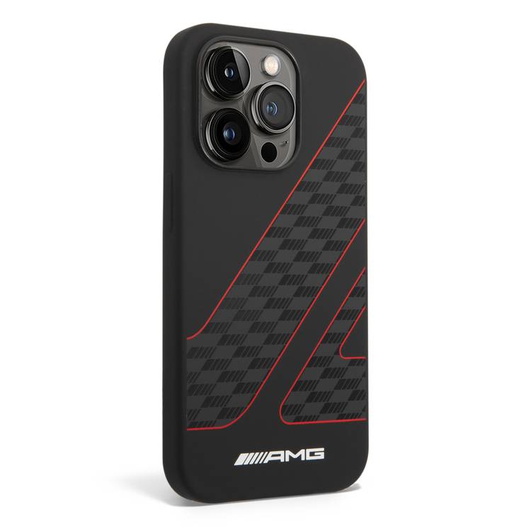 Amg Liquid Silicone Case Checkered Flag Pattern - iPhone 14 Pro - Black / Red 