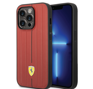 Ferrari Leather Case With Embossed Stripes & Yellow Shield Logo - iPhone 14 Pro Max - Red