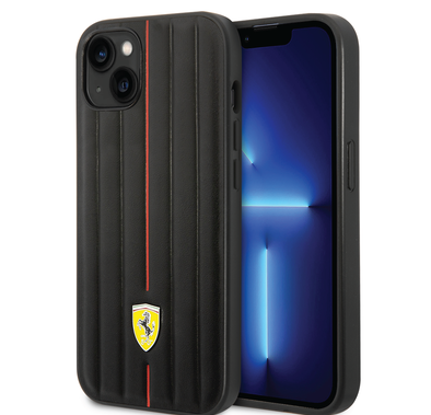Ferrari Leather Case With Embossed Stripes & Yellow Shield Logo - iPhone 14 - Black