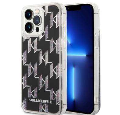 Karl lagerfeld Liquid Glitter Case Monogram Pattern & Multicolor Glitter iPhone 14 Pro Max Compatibility - Black