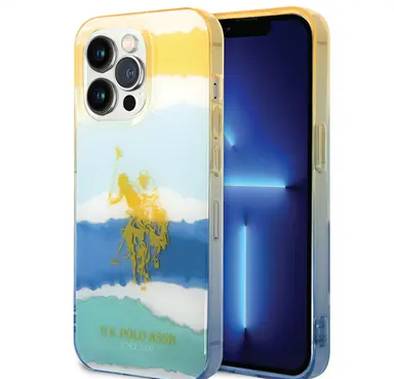 USPA PC/TPU Case with Blurred Stripes & Horse Logo iPhone 14 Pro Max Compatibility - Yellow