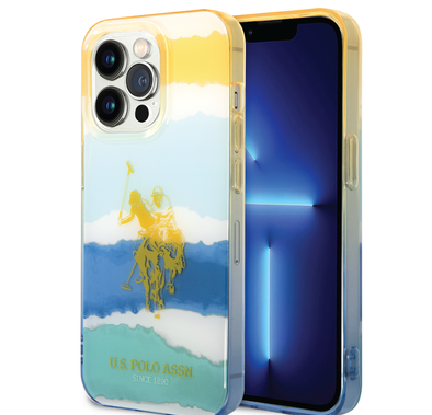USPA PC/TPU Case with Blurred Stripes & Horse Logo iPhone 14 Pro Compatibility - Yellow