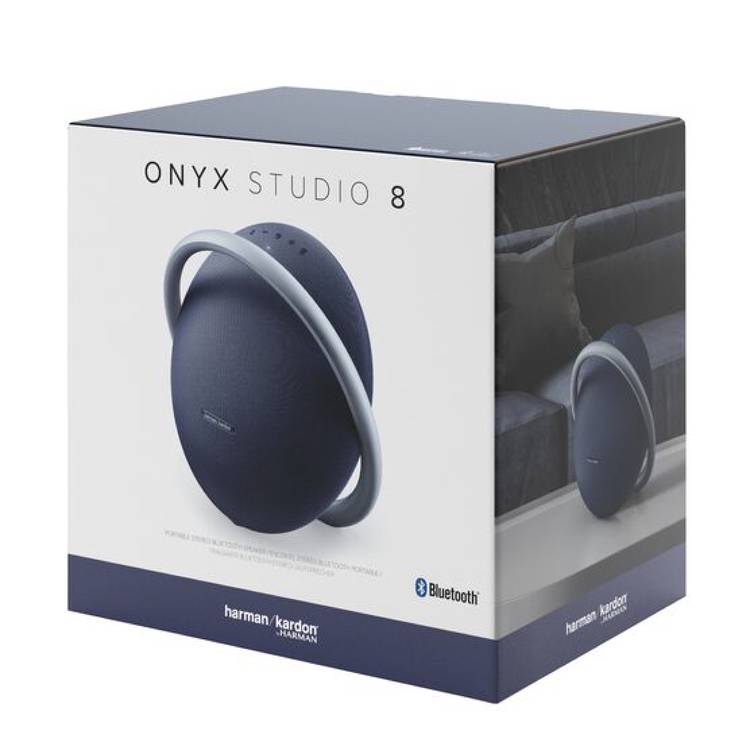 Harman Kardon Portable Bluetooth Speaker Onyx Studio 8 with Elegant Design, Self-Tuning, Eco-friendly Materials, Built-in Dual Microphone, Stereo Sound with Two Speakers - Blue