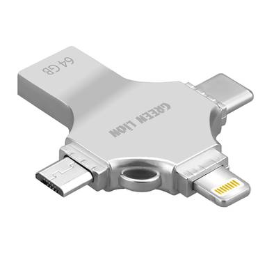 Green Lion 4-in-1 USB Flash Drive 64GB with High Speed Data Transfer, USB-A, USB-C, Micro USB & Lightning Connectors - Silver